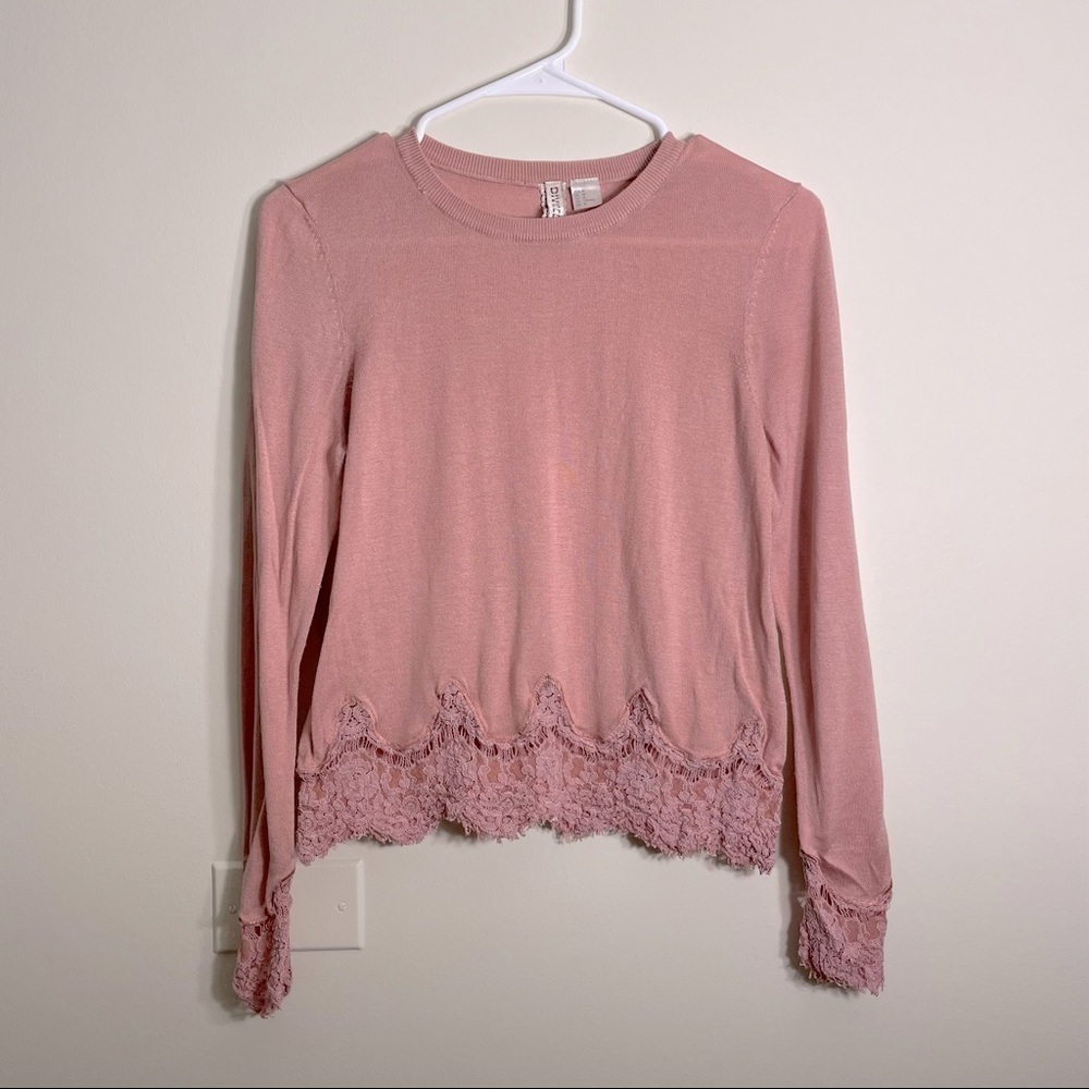Divided light rose lace pink women's long sleeved blouse shirt warm lightweight